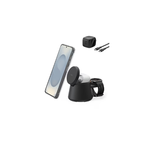Belkin 3-in-1 Wireless Charging Station w/ USB C for Smartwatch Qi2.2 Magnetic Charger 25W Dock for Samsung Galaxy S26, Galaxy Watch, Pixel 10, Google Pixel Watch, Apple Watch, 45W Adapter