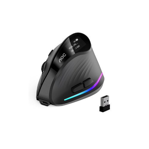 AOC Ergonomic Mouse, Wireless Rechargeable Vertical Mouse, 200H Working Time, 4800 DPI Optical Tracking, Silent Button, RGB, 2.4GHz Programmable Mice for Laptop, Desktop, MacBook, Black