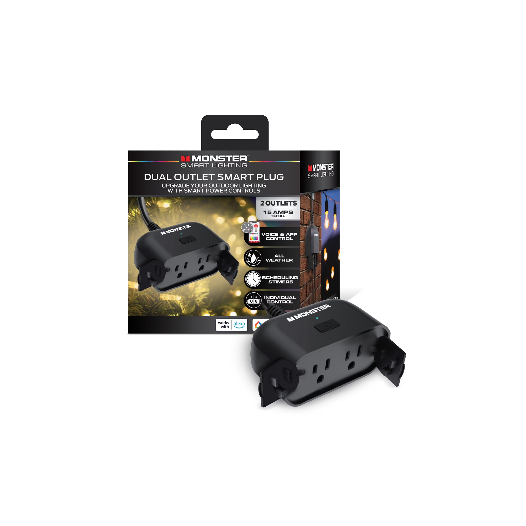 Monster Smart Dual Outdoor Plug with Wi-Fi, Weather-Resistant, 2 Outlets Compatible with Alexa & Google Home
