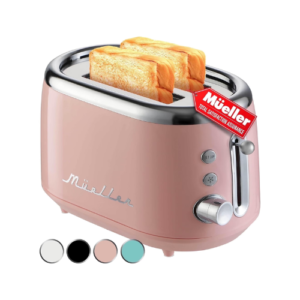 MÜELLERHOME Retro Toaster 2 Slice, 7 Browning Levels, 3 Functions (Reheat, Defrost, Cancel), Stainless Steel Features, Removable Crumb Tray, Under Base Cord Storage, Pink Kitchen Accessories Décor
