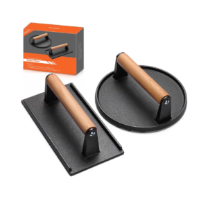 Mibote Burger Press, 2 Pcs Heavy-Duty Cast Iron Smash Bacon Press with Wood Handle for Griddle, Sandwich, Nonstick Pan