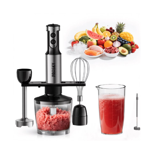 PRASKY Immersion Hand Blender, 6-in-1 Handheld Blender for Kitchen, 20 Speeds Food Processor, Egg Whisk, Milk Frother, Beaker (Black)
